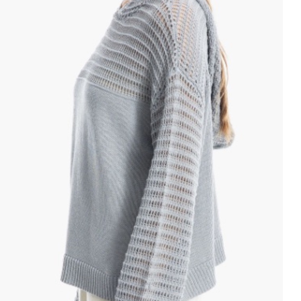 Max Studio Women's Light Gray Mesh Pointelle Hooded Sweater - Picture 4 of 6